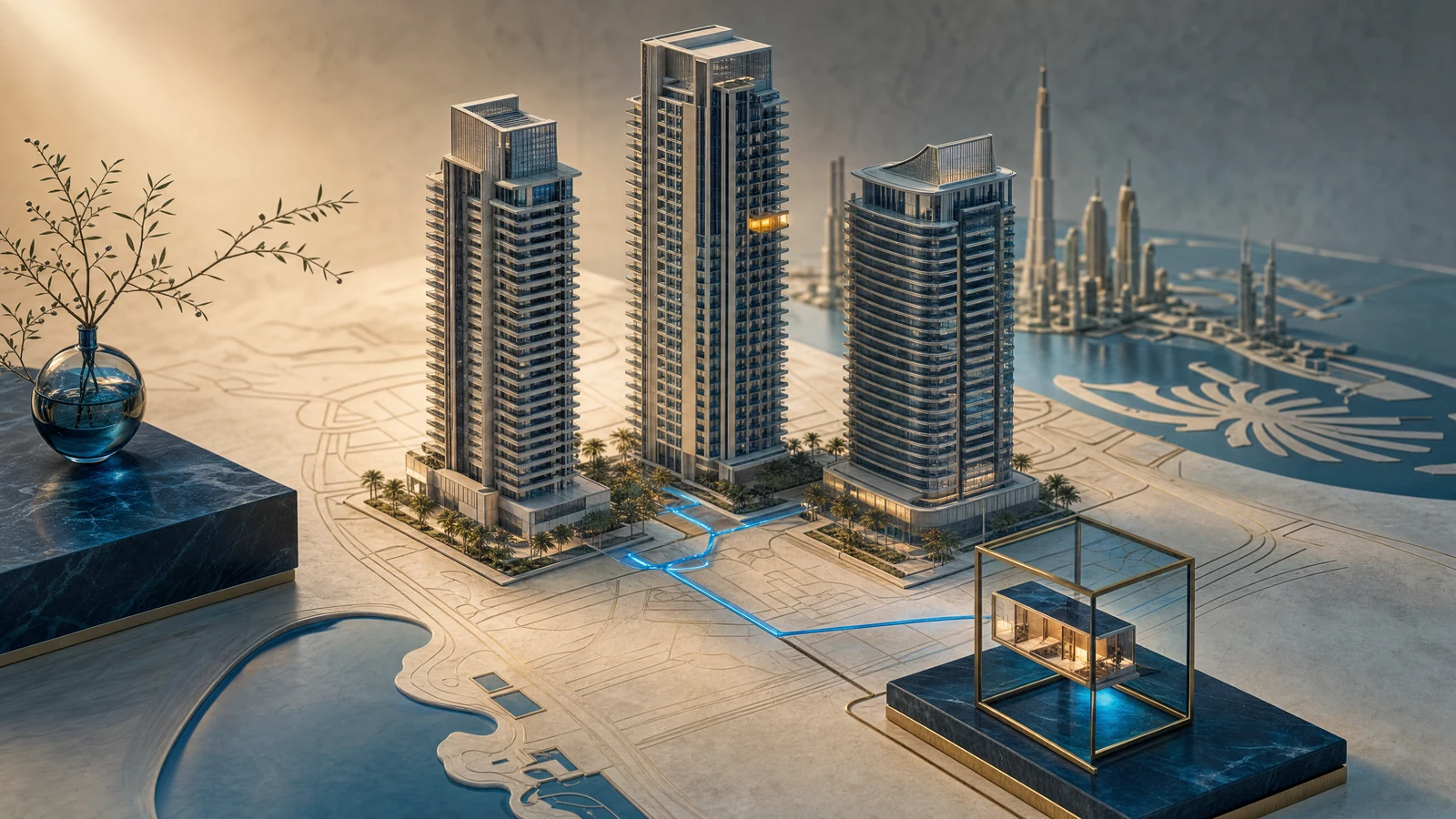 Conceptual illustration of residential towers on a sculptural map, with a highlighted apartment and paths representing property discovery.