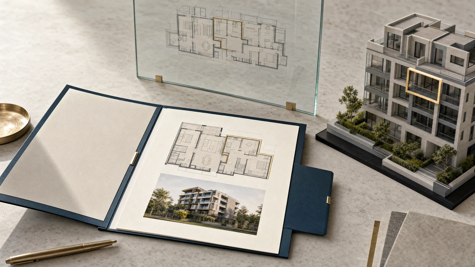 Conceptual illustration of a property presentation folder and apartment floor plan beside a residential model with one selected unit highlighted.