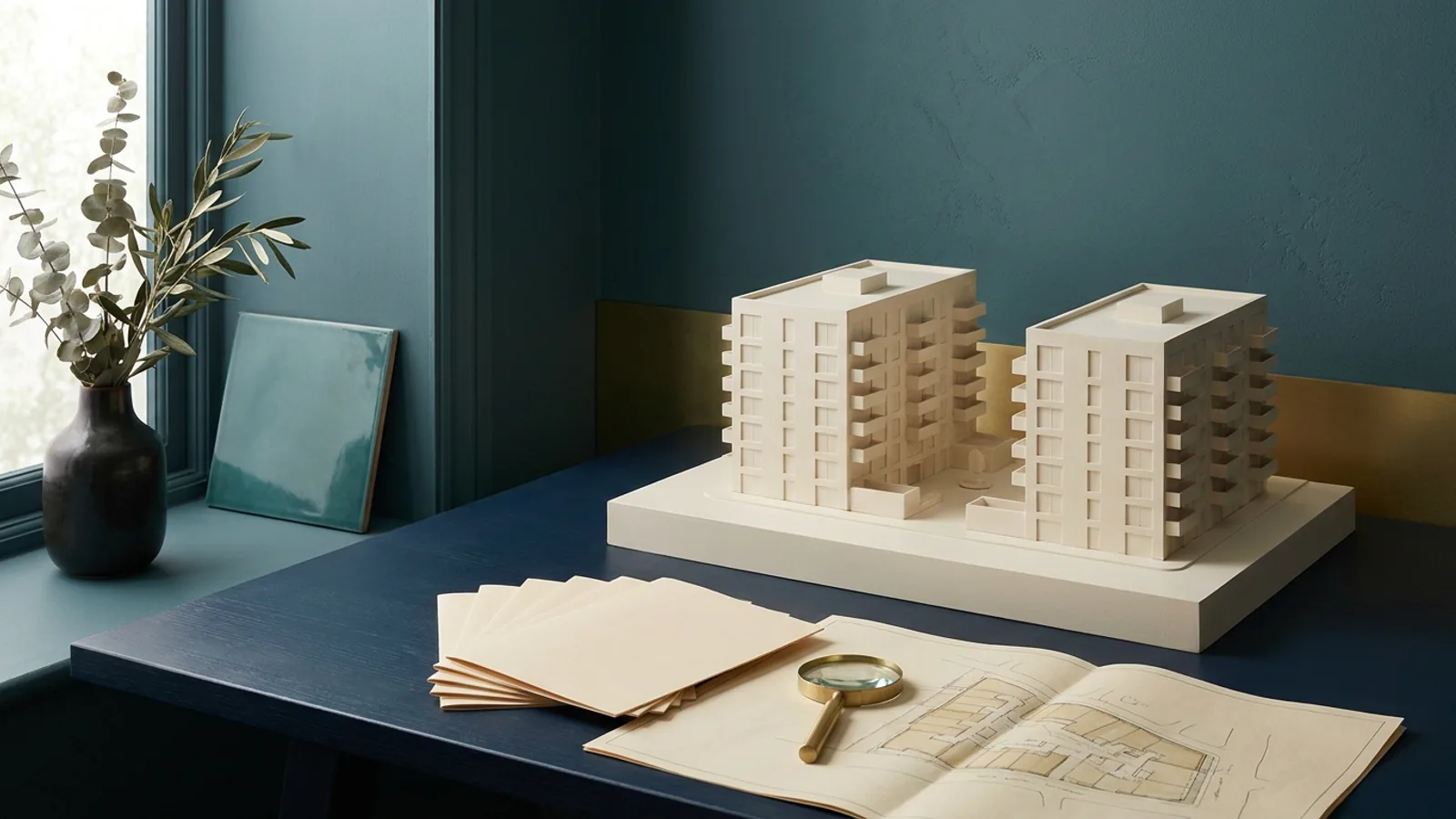 A cream architectural model of two mid-rise blocks beside fanned cards and a brass magnifier on a site plan.