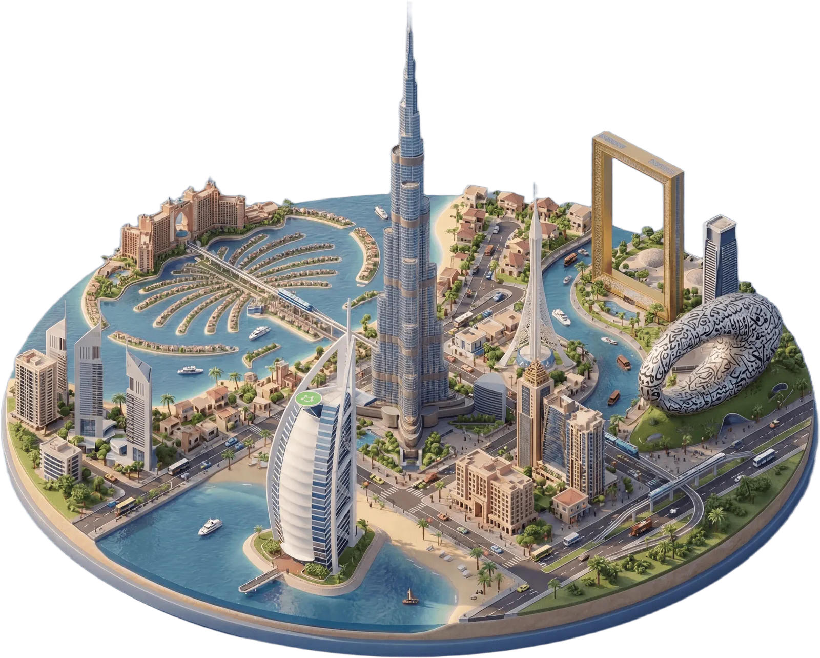 3D illustration of the Dubai skyline — Burj Khalifa, Burj Al Arab, Palm Jumeirah, Dubai Frame, and Museum of the Future